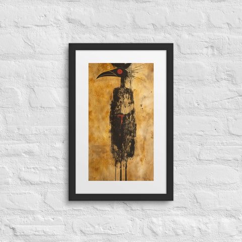 Framed poster featuring abstract figure on textured background, ready to hang for modern home decor.