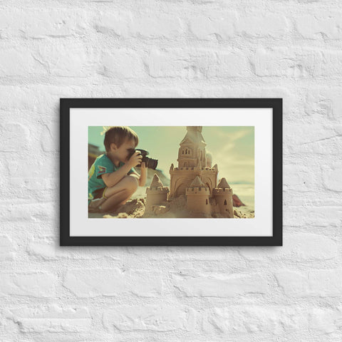 Framed poster featuring a vintage scene of a child at the beach building a sandcastle.