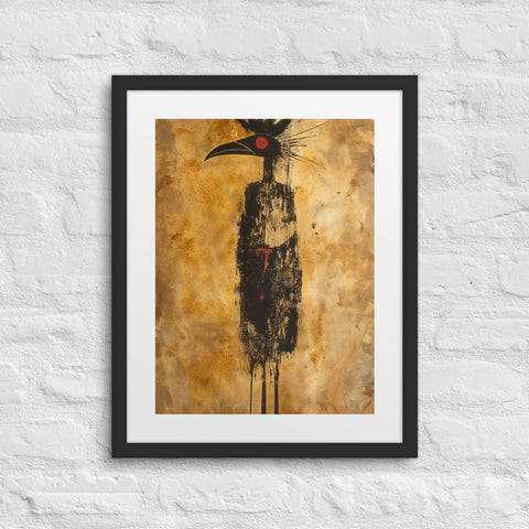 Framed poster featuring abstract figure on textured background, ready to hang.