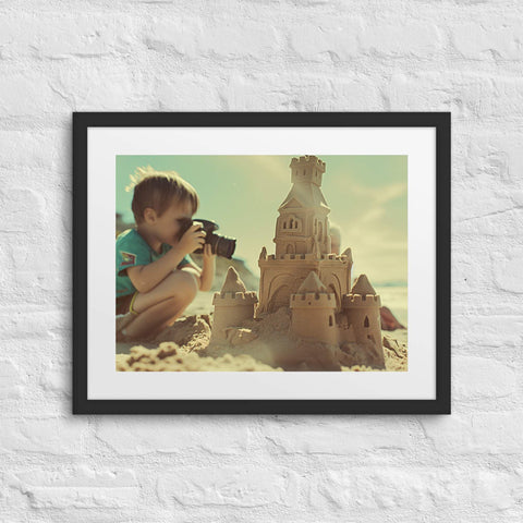 Framed poster featuring a vintage kid at the beach with a sandcastle, perfect for cozy wall decor.