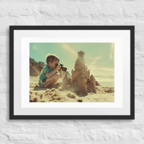 Framed poster of a child playing at the beach with a sandcastle.