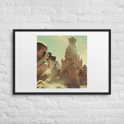 Framed poster of a vintage kid at the beach with a sandcastle.