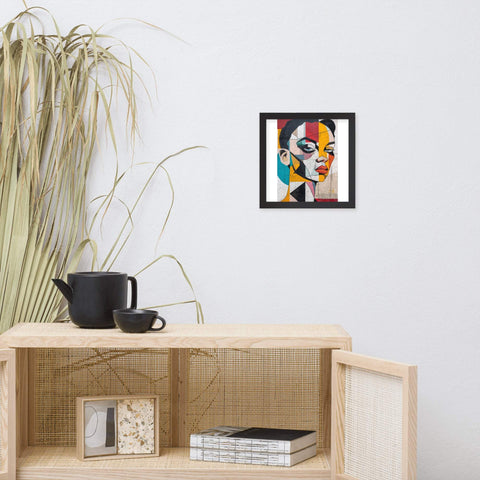 Framed photo paper poster featuring a bold and colorful abstract portrait, perfect for modern home decor.