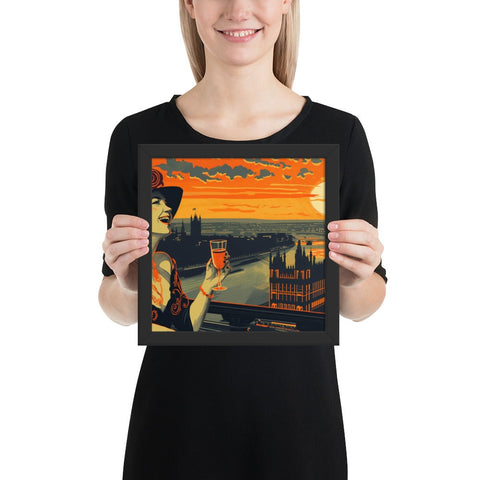 Framed photo paper poster of a stylish woman with a drink, London skyline and sunset background.