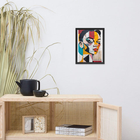 Framed photo paper poster featuring a bold, colorful abstract portrait, ideal for modern home decor.