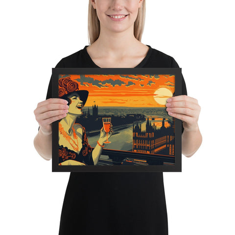 Framed photo paper poster featuring a woman with a drink against a London skyline and sunset backdrop.