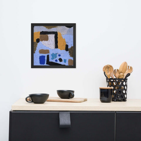 Framed abstract photo poster in black frame on white wall, modern home decor.
