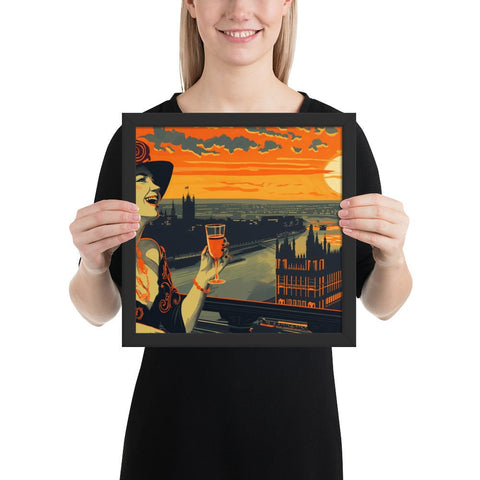 Framed photo paper poster of a woman with London skyline at sunset.