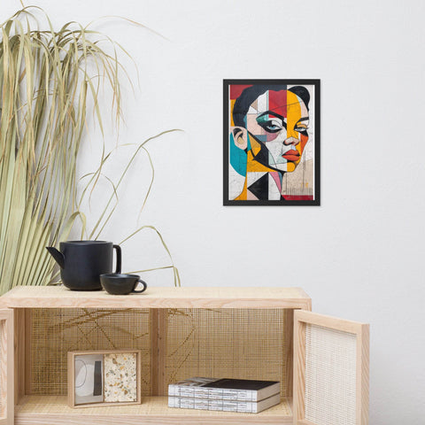 Framed photo paper poster featuring a bold and colorful abstract portrait, ideal for modern home decor.
