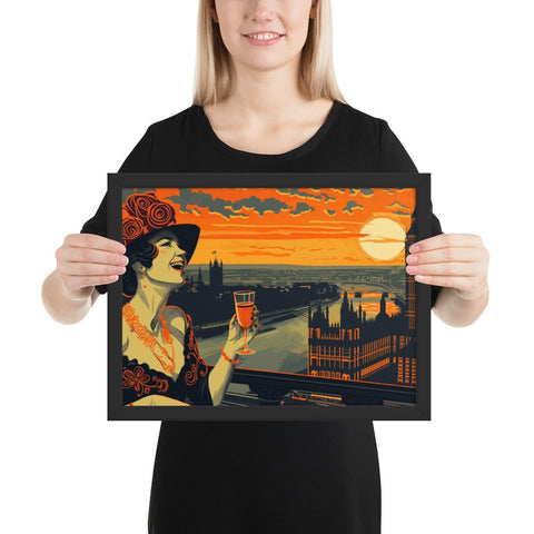 Stylish woman with drink, London skyline and sunset, framed photo paper poster.