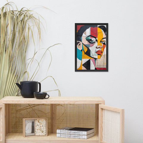 Framed photo paper poster with bold colorful abstract portrait.