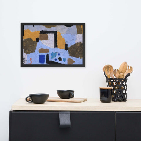 Framed photo paper poster featuring unique abstract design in black frame, modern wall art.