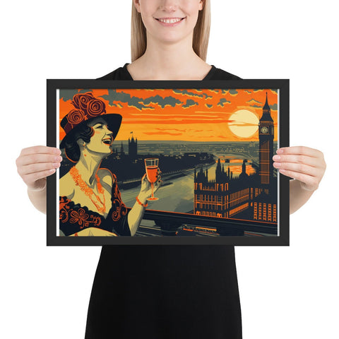 Framed photo paper poster featuring a stylish woman with a drink against the London skyline and sunset.