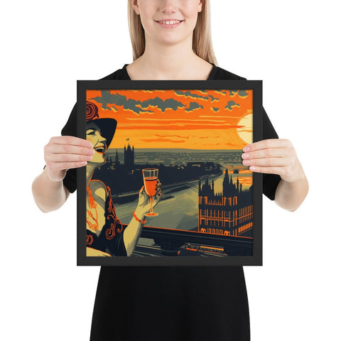 Framed photo paper poster of a stylish woman drinking with London skyline and sunset.