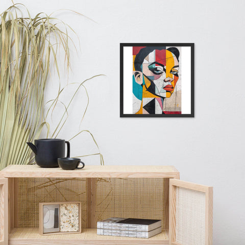 Framed photo paper poster featuring a bold and colorful abstract portrait, ideal for modern home decor.