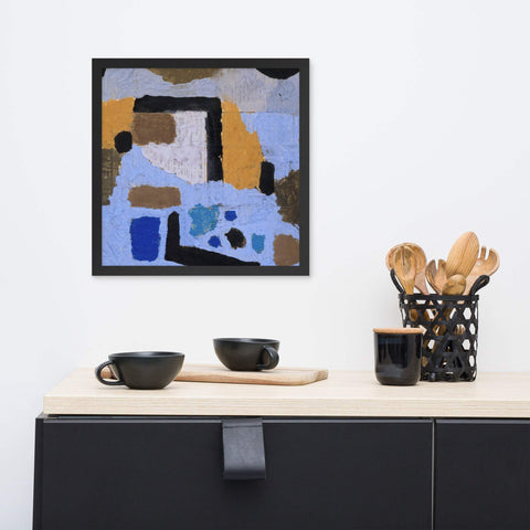 Framed photo paper poster with abstract design in black frame enhancing home decor.