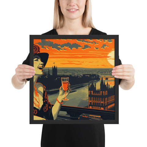 Framed photo paper poster featuring a stylish woman enjoying a drink with a London skyline and sunset.