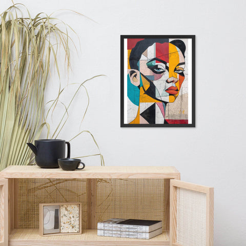 Framed photo poster featuring bold colorful abstract portrait, perfect for modern home decor.