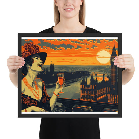 Framed photo paper poster featuring a stylish woman with a drink against a London skyline and sunset.