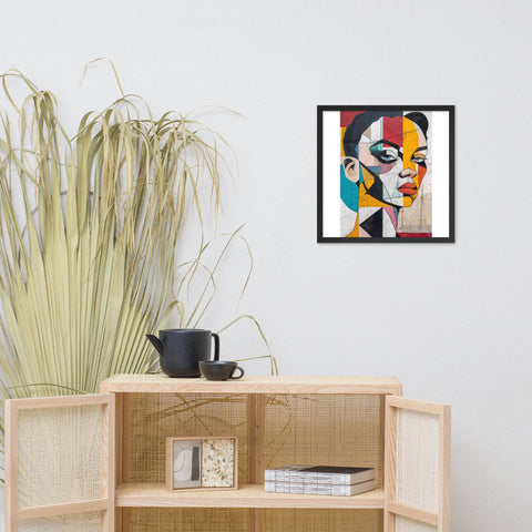 Framed photo poster with bold abstract portrait for modern home decor.