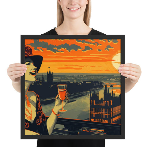 Framed photo paper poster featuring woman with drink, London skyline, and sunset background.