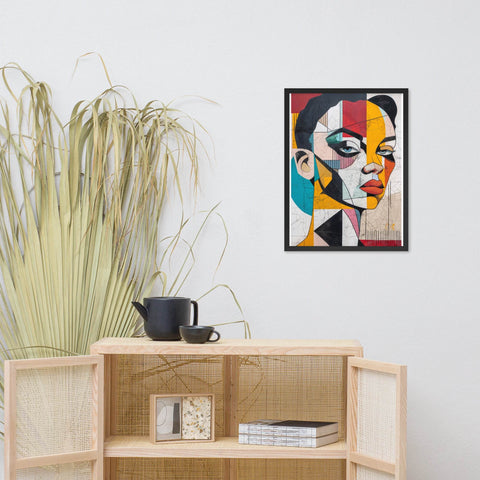 Framed photo paper poster featuring bold colorful abstract portrait art.