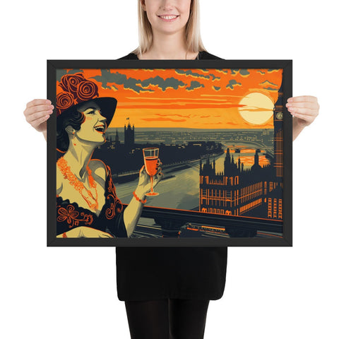 Framed photo paper poster featuring stylish woman with drink, London skyline, and sunset.