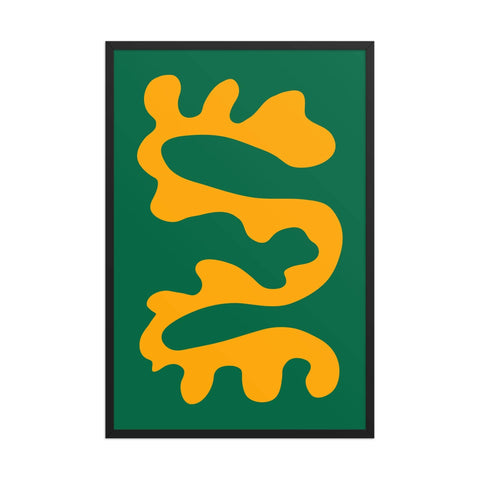 Jungle Flow – Organic Vibe framed poster with bold orange abstract design on deep green background.