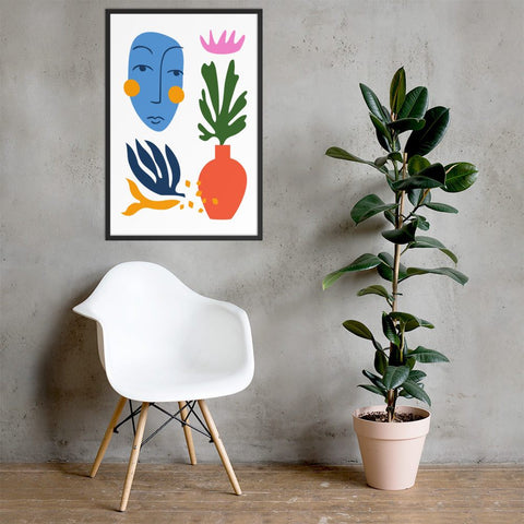 Face & Flora 24x36 framed poster featuring abstract face with florals and botanical forms in vivid colors.