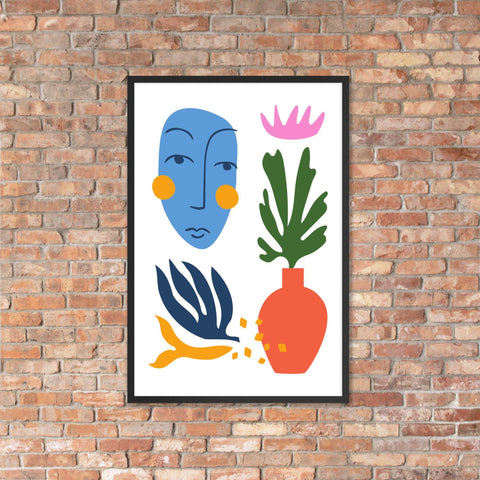 Abstract "Face & Flora – Dialogue in Color" framed poster; vibrant art, floating florals, botanical forms, 24x36 inches.