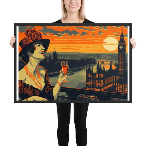 Framed photo paper poster featuring a stylish woman with a drink, London skyline, and sunset.