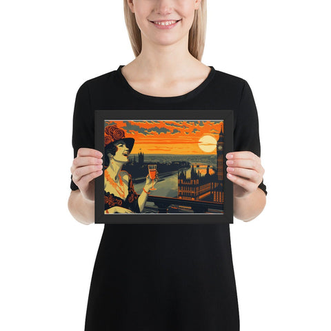 Framed photo paper poster featuring stylish woman with drink against London skyline and sunset.
