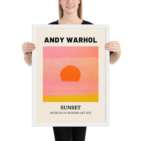 Andy Warhol framed photo paper poster with sunset design, vibrant colors, Museum of Modern Art 1972.