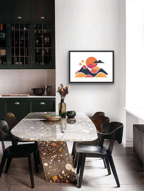 Framed poster featuring vibrant contemporary mountain landscape, ideal for modern decor.