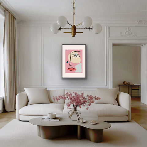 Framed poster with abstract face design, modern art for home decor.