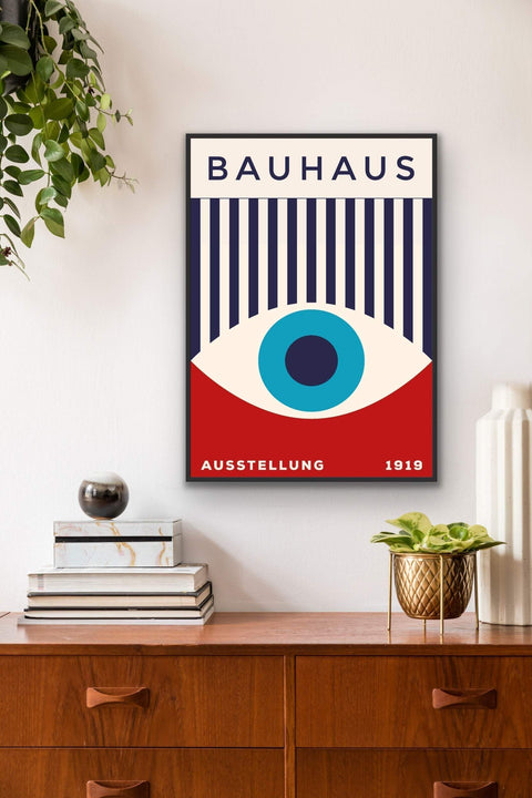 Framed poster featuring Bauhaus design, adding a modern aesthetic and sophistication to home decor.