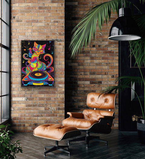 Framed poster featuring a whimsical cat with a record player, adding vibrant color and personality to home decor.