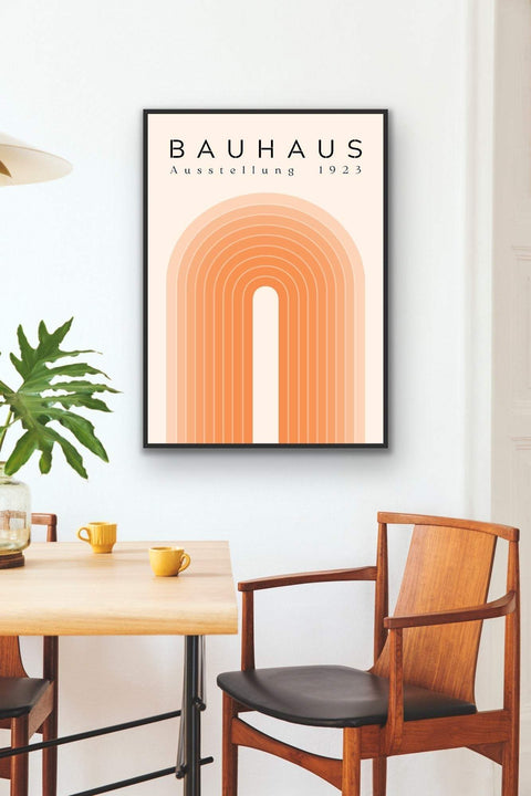 Framed poster of Bauhaus art print with minimalist retro design in a stylish room setting.