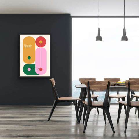 Framed poster Bauhaus 12 geometric art print in modern dining room.