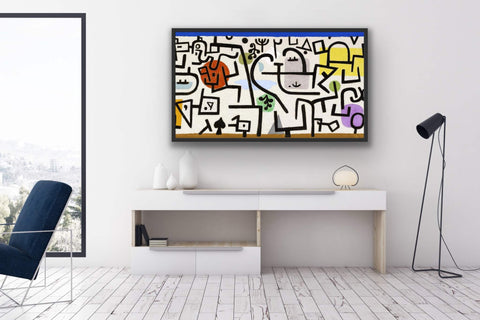 Framed poster with abstract geometric shapes and vibrant colors, enhancing modern home decor.
