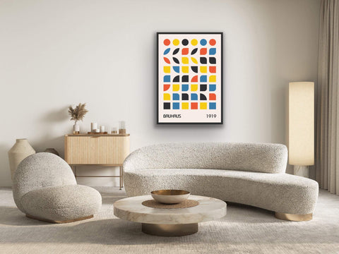 Framed poster featuring a Bauhaus-inspired geometric design with bold primary colors and minimalist style.