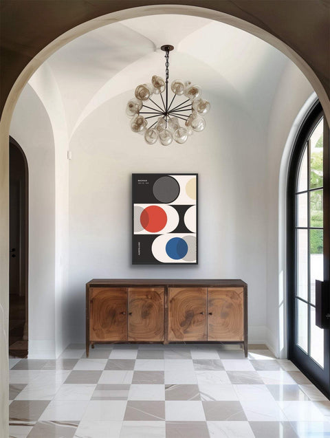Framed poster featuring geometric art in vibrant colors for modern home decor.