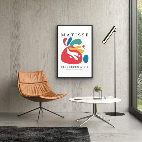 Framed "Homage to Matisse" 24x36 poster featuring vivid abstract design with organic shapes and primary colors, enhancing room decor.