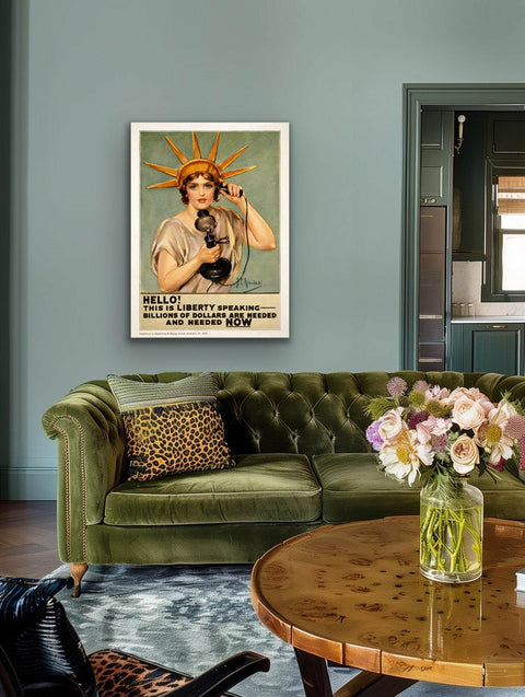 Framed poster adding vintage charm to home decor with historical art print.