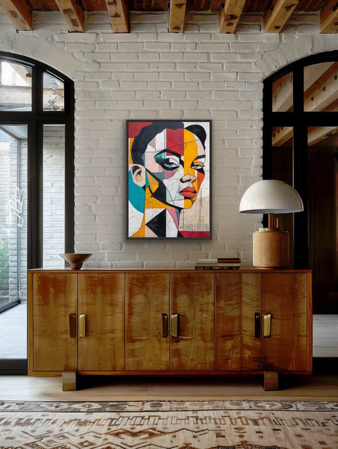 Framed photo paper poster showcasing a bold, colorful abstract portrait, adding a modern artistic touch to home decor.