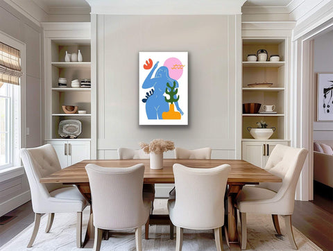 Blue Venus Pop Surreal Matisse Remix framed poster, vibrant modern art with blue muse, pink sun, orange and olive accents, 24x36 inches.