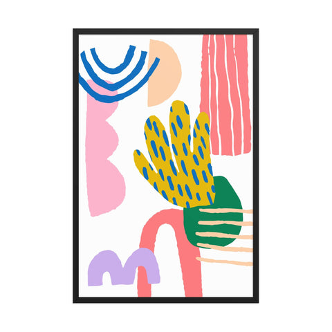 Framed poster "Playful Patterns I" featuring bold abstract design in mustard yellow, electric blue, and pink accents, 24x36 inches.