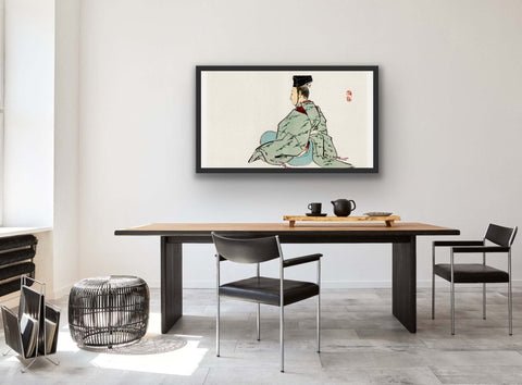 Framed poster with Asian-inspired art enhancing modern decor in a dining room setting.