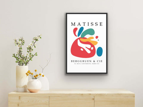 Homage to Matisse framed poster, abstract art with organic shapes and primary colors, 24x36 inches, by Artflix.