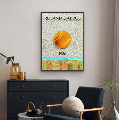 Framed poster of Roland Garros with tennis ball and vintage map of France design.
